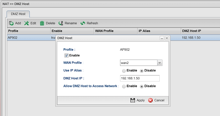 a screenshot of Vigor3900 DMZ Host configuration